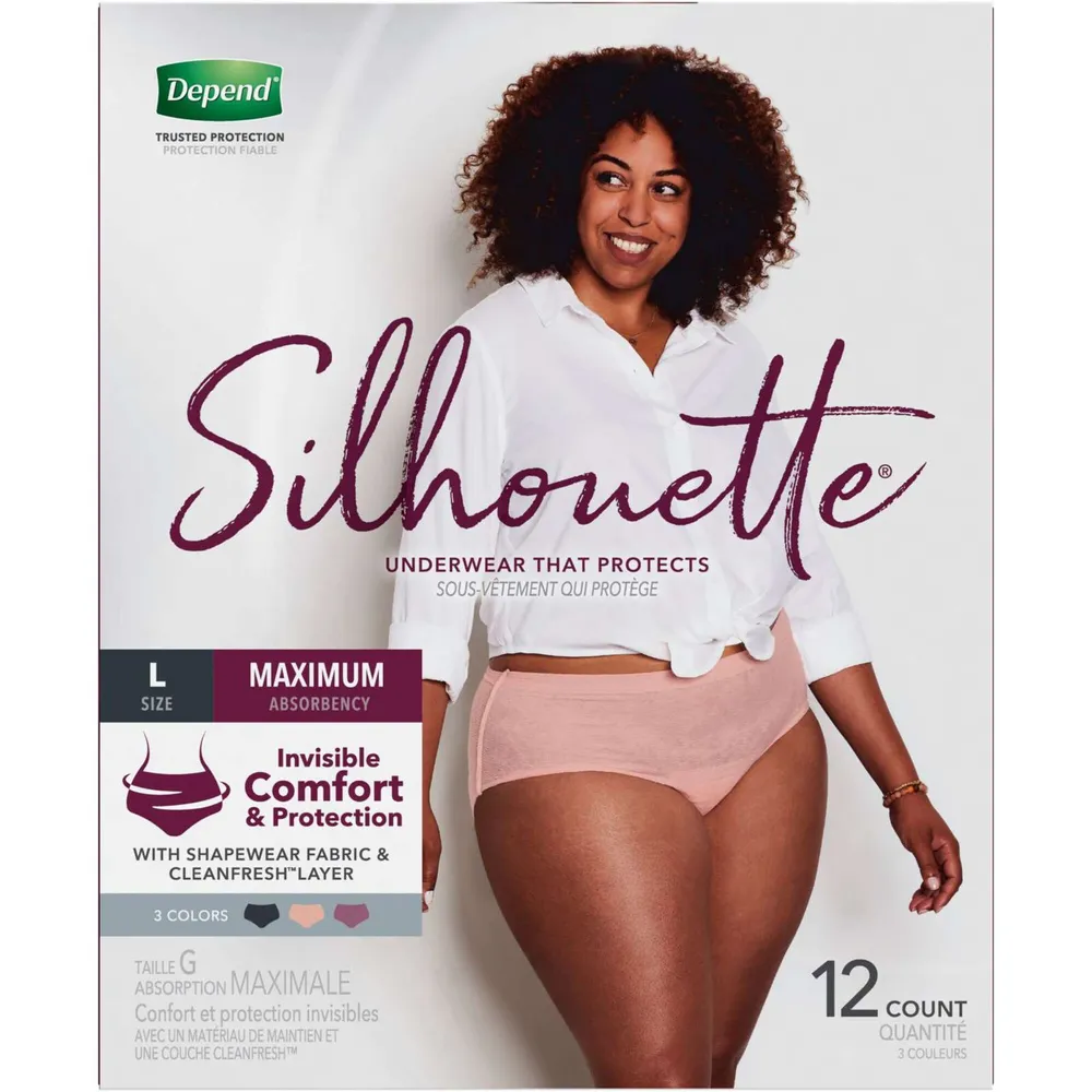 Depend Silhouette Adult Incontinence Underwear for Women, Maximum Absorbency,  XL, Pink/Black/Berry, 10 Count