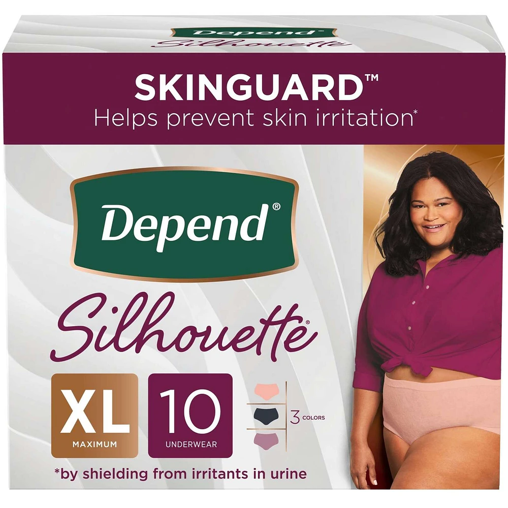 Depend Silhouette Adult Incontinence Underwear for Women, Maximum Absorbency, XL, Pink/Black/Berry, 10 Count