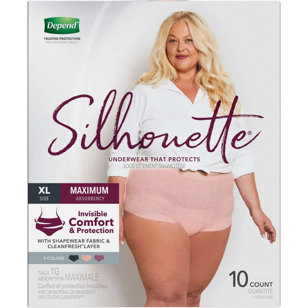 Depend Silhouette Adult Incontinence Underwear for Women, Maximum Absorbency,  XL, Pink/Black/Berry, 10 Count