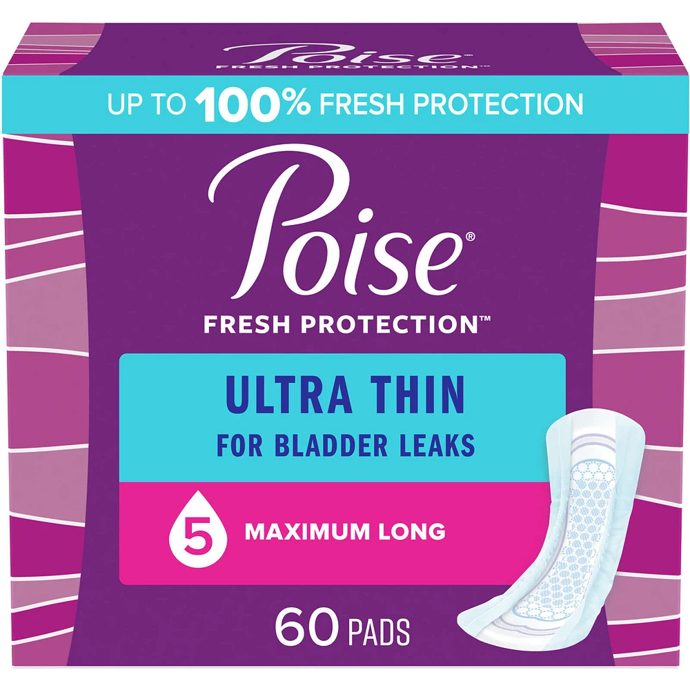 Poise Ultra Thin Postpartum Incontinence Pads with Wings, Light Absorbency, Regular Length, 60 Count