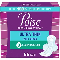 Poise Ultra Thin Postpartum Incontinence Pads with Wings, Light Absorbency, Regular Length, 66 Count