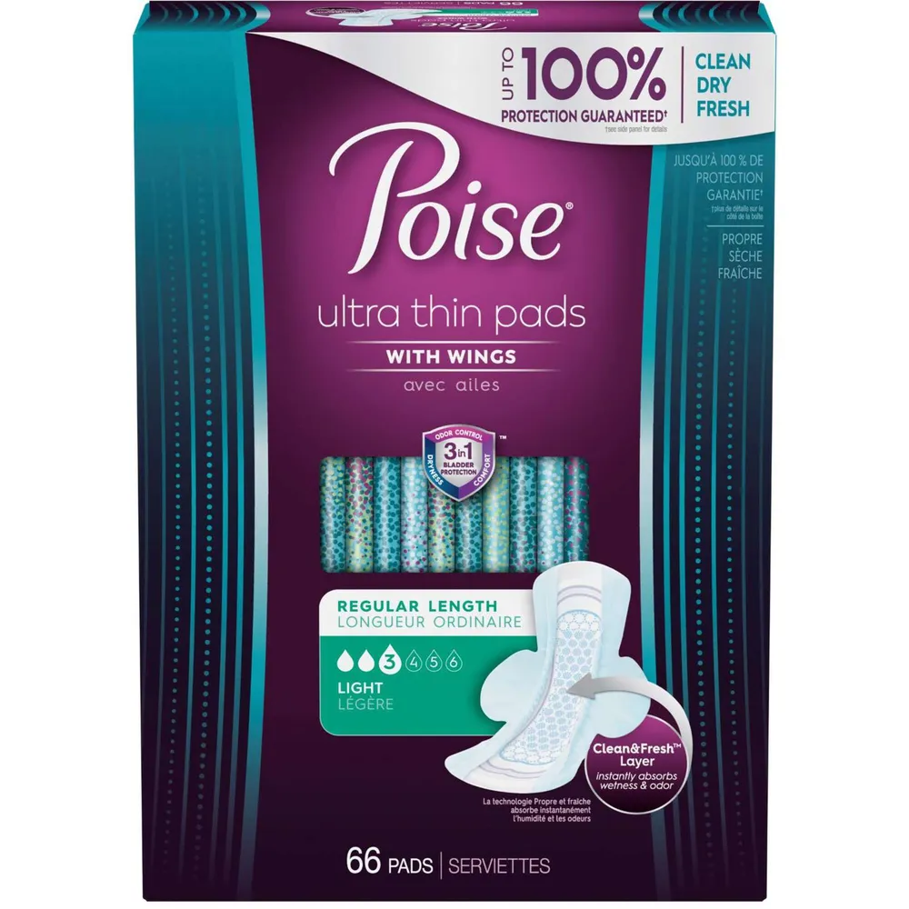 Poise Ultra Thin Postpartum Incontinence Pads with Wings, Light Absorbency, Regular  Length, 66 Count