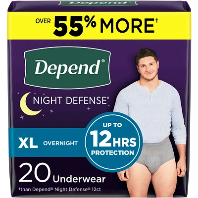 Night Defense Adult Incontinence Underwear for Men, Disposable, Overnight, Extra-Large, Grey