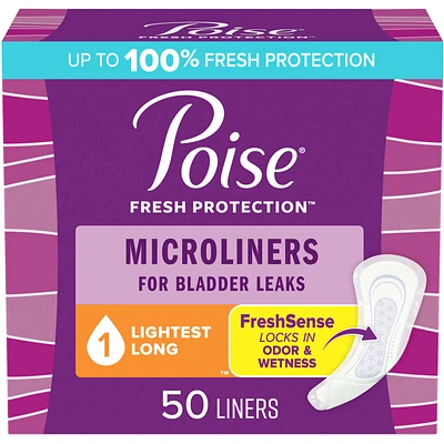 Poise Daily Microliners, Incontinence Panty Liners, 1 Drop Lightest Absorbency, Long Length