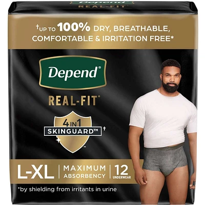 Real Fit Incontinence Underwear for Men, Disposable, Maximum Absorbency, Large/Extra-Large, Black and Grey