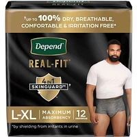 Real Fit Incontinence Underwear for Men, Disposable, Maximum Absorbency, Large/Extra-Large, Black and Grey