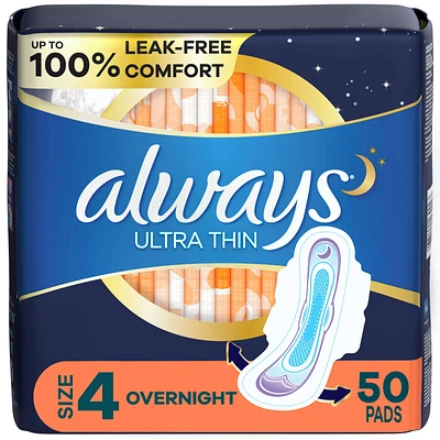 Ultra Thin Overnight Pads with Flexi-Wings, Size 4, Overnight, Unscented