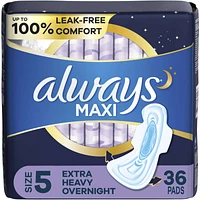 Maxi Overnight Pads with Wings for Women, Size 5, Extra Heavy Overnight Absorbency, Unscented