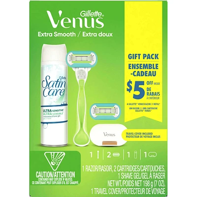 Venus Extra Smooth Women's Handle + 2 Razor Blade Refills + Satin Care Ultra Sensitive Shave Gel, 7oz, Includes Travel Cart Cover