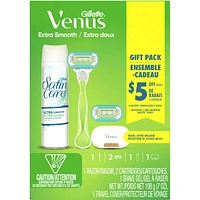 Venus Extra Smooth Women's Handle + 2 Razor Blade Refills + Satin Care Ultra Sensitive Shave Gel, 7oz, Includes Travel Cart Cover