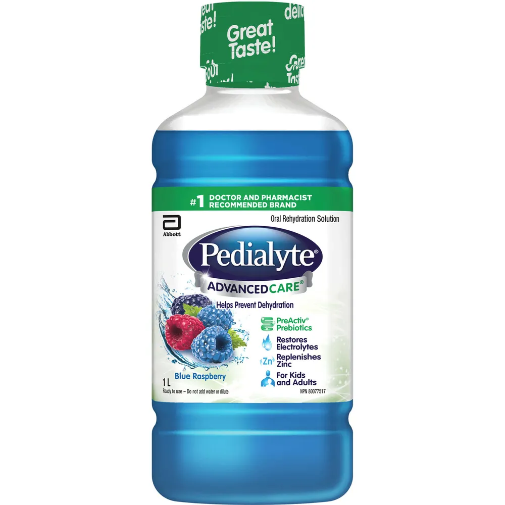 Pedialyte® AdvancedCare, Electrolyte Oral Rehydration Solution, Blue Raspberry, 1-L Bottle