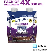 Protein Max 30 g Nutrition Shake Supplement, Chocolate Protein Drink with 30 g of High-Quality Protein, 1 g of Sugar, 330 mL (Pack of 4), 1320 mL