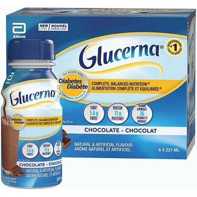 Glucerna® Nutritional Drink, Meal Replacement Shake, Complete, Balanced Nutrition for People with Diabetes, Chocolate, 6 x 237 mL