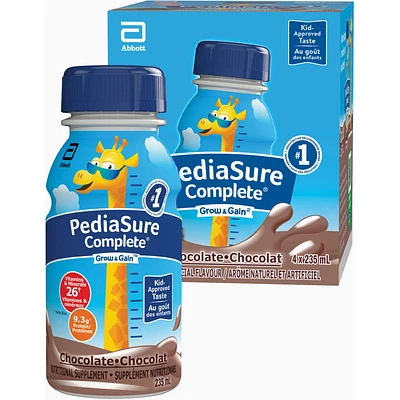 PediaSure Complete®, Nutritional Supplement, 4 x 235 mL, Chocolate – Kids nutritional shake, containing DHA and vitamins, helps promote weight gain when taken twice a day