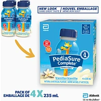 PediaSure Complete®, Nutritional Supplement, 4 x 235 mL, Vanilla – Kids nutritional shake containing DHA and vitamins, helps promote weight gains when taken twice a day