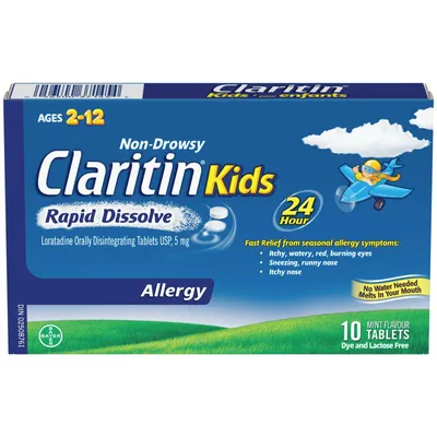Claritin Kids Allergy Medicine Loratadine Tablets - 24-Hour Non-Drowsy Relief of Children's Seasonal Allergy Symptoms, For Children Aged 2+, Rapid Dissolve Tablets, 5mg x 10 count