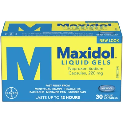 Maxidol Liquid Gels, Fast Relief of Pain such as Menstrual Cramps, Headaches, Backaches, Migraine Pain and Muscle Pain, 220mg Naproxen Sodium, 30 Liquid Capsules