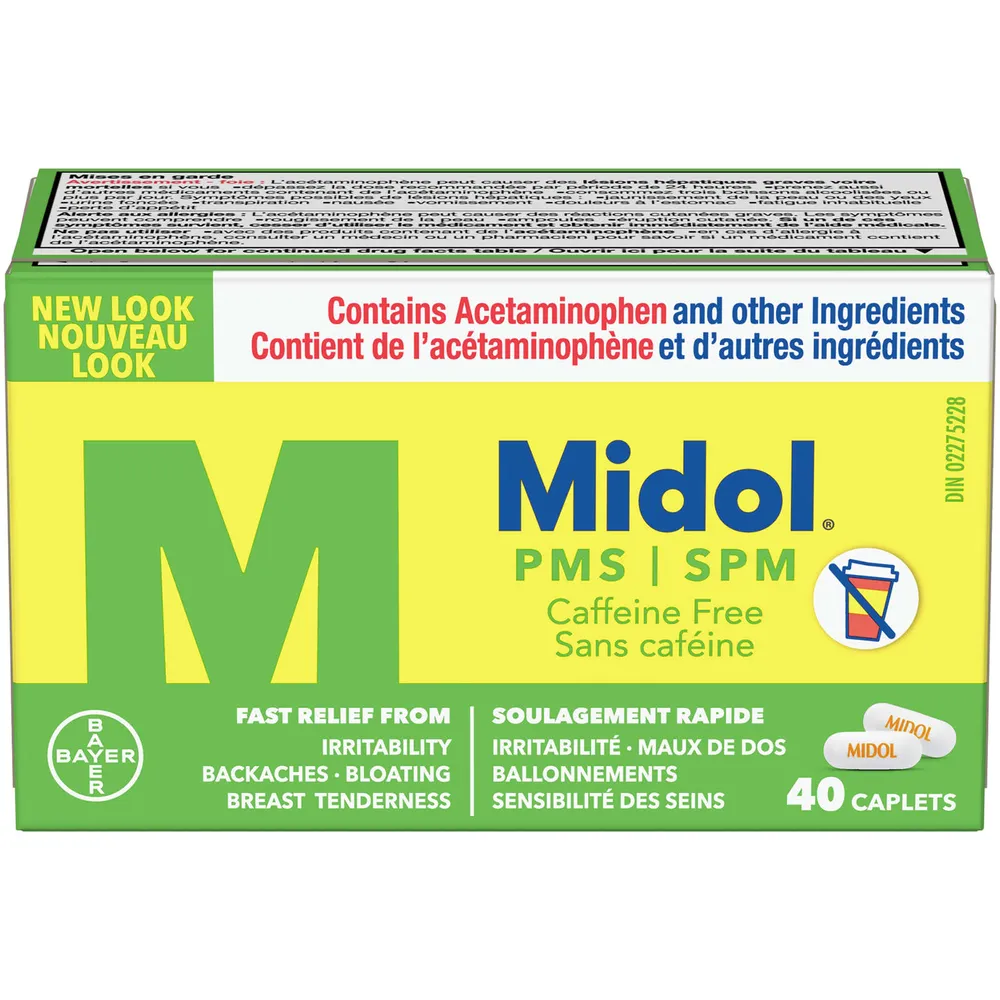 Midol PMS Caffeine-Free, Fast Relief of Pre-Menstrual Period Symptoms such as Irritability, Bloating, Cramps, Breast tenderness, Backache, Headaches and Muscle Aches. 40 Caplets