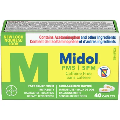 Midol PMS Caffeine-Free, Fast Relief of Pre-Menstrual Period Symptoms such as Irritability, Bloating, Cramps, Breast tenderness, Backache, Headaches and Muscle Aches. 40 Caplets