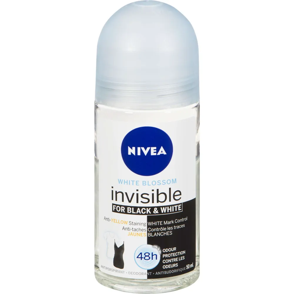 NIVEA Black & White Invisible Silky Smooth Deodorant provides effective 48h  anti-perspirant protection while preventing white marks and yellow stains  on