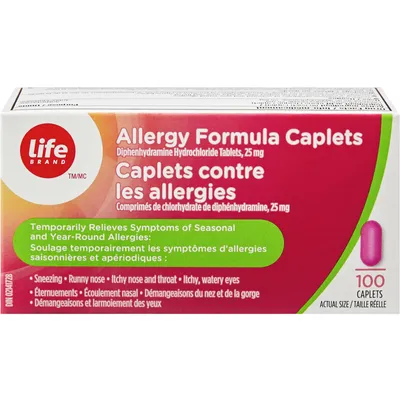Allergy Formula Caplets Diphenhydramine Hydrochloride Tablets 25 mg Antihistamine