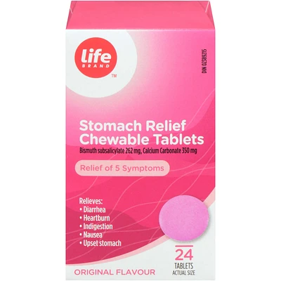 Stomach Relief Chewable Tablets Bismuth subsalicylate 262 mg. Calcium Carbonate 350 mg
