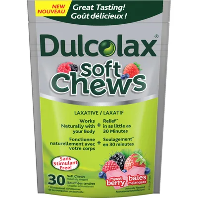 Dulcolax Soft Chews, Mixed Berry, Dependable, Predictable, and Gentle, Laxatives for Fast Relief of Occasional Constipation, Stimulant-Free, Gluten-Free, For Adults and Kids Ages 12 & Over