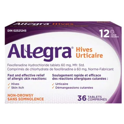 Allegra Hives - 12-Hour Itchy Skin Relief Due to Hives, Allergic Skin Reactions - 60 Mg Fexofenadine Hydrochloride, Antihistamine - Non-Drowsy Formula - Adults, Kids, 12 & Older - 36 Tablets