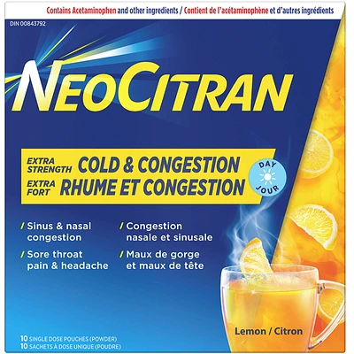 NeoCitran Cold & Congestion Hot Liquid Medication Non-Drowsy Extra Strength Lemon 10 pack