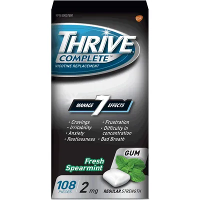Thrive Complete Gum 2mg Regular Strength Nicotine Replacement Fresh Spearmint 108 count