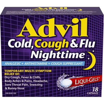Advil Cold, Cough & Flu Nighttime Analgesic+Antihistamine+Cough Suppressant Liqui-Gels 18 Capsules