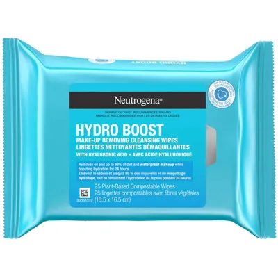 HydroBoost Facial Cleansing Makeup Remover Wipes with Hyaluronic Acid, compostable wipes made with 100% plant-based fibers