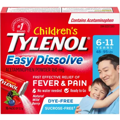 Children’s Easy Dissolve Natural Wild Berry flavour Acetaminophen Powder – Kids Fever, Headache, Pain Relief, 160mg Acetaminophen