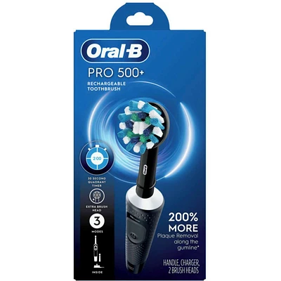 Oral-B Pro 500 + Electric Toothbrush with 2 Brush Heads, Rechargeable, Black