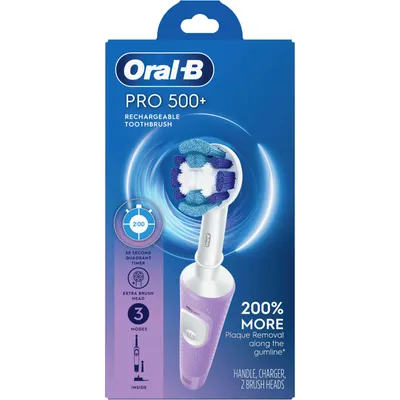 Oral-B Pro 500 + Electric Toothbrush with (2) Brush Head, Rechargeable, Lilac