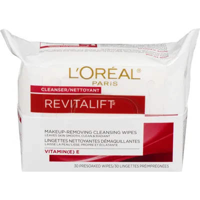 Makeup-Removing Cleansing Wipes, Revitalift, With Vitamin E, Removes Dirt, Sweat and Makeup, even Waterproof & Longwear, 30 Wipes, 15cm x 20cm