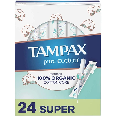 Pure Cotton Tampons, Contains 100% Organic Cotton Core, Super Absorbency, 24 Ct, Unscented