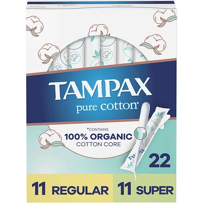 Pure Cotton Tampons, Contains 100% Organic Cotton Core, Regular/Super Absorbency, 22 Ct, Unscented