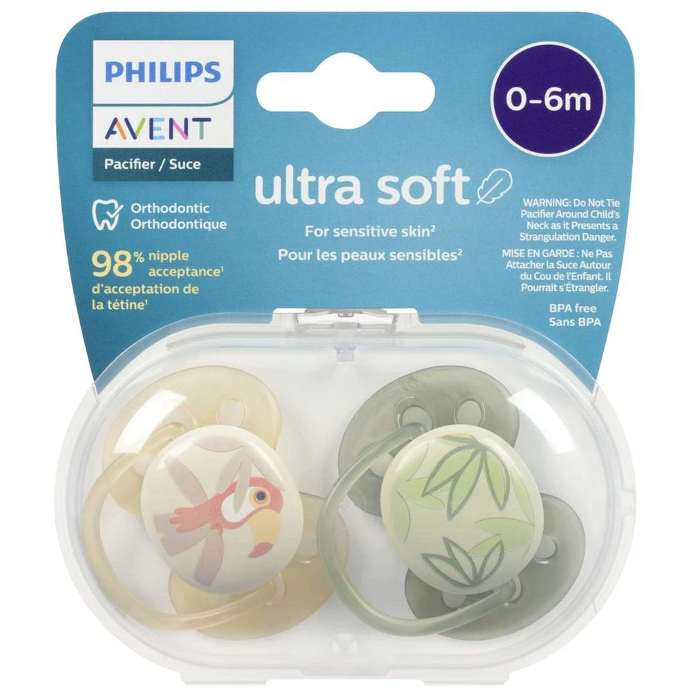 Ultra Soft Pacifier 0-6m, toucan / green leaves, SCF091/07