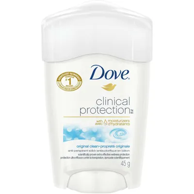 Dove Clinical Protection Antiperspirant Solid for sensitive skin Original Clean antibacterial odour protection 45 g