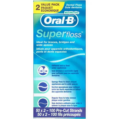 Oral-B Super Floss Pre-Cut Strands Dental Floss, Mint, 50 Count, Pack of 2