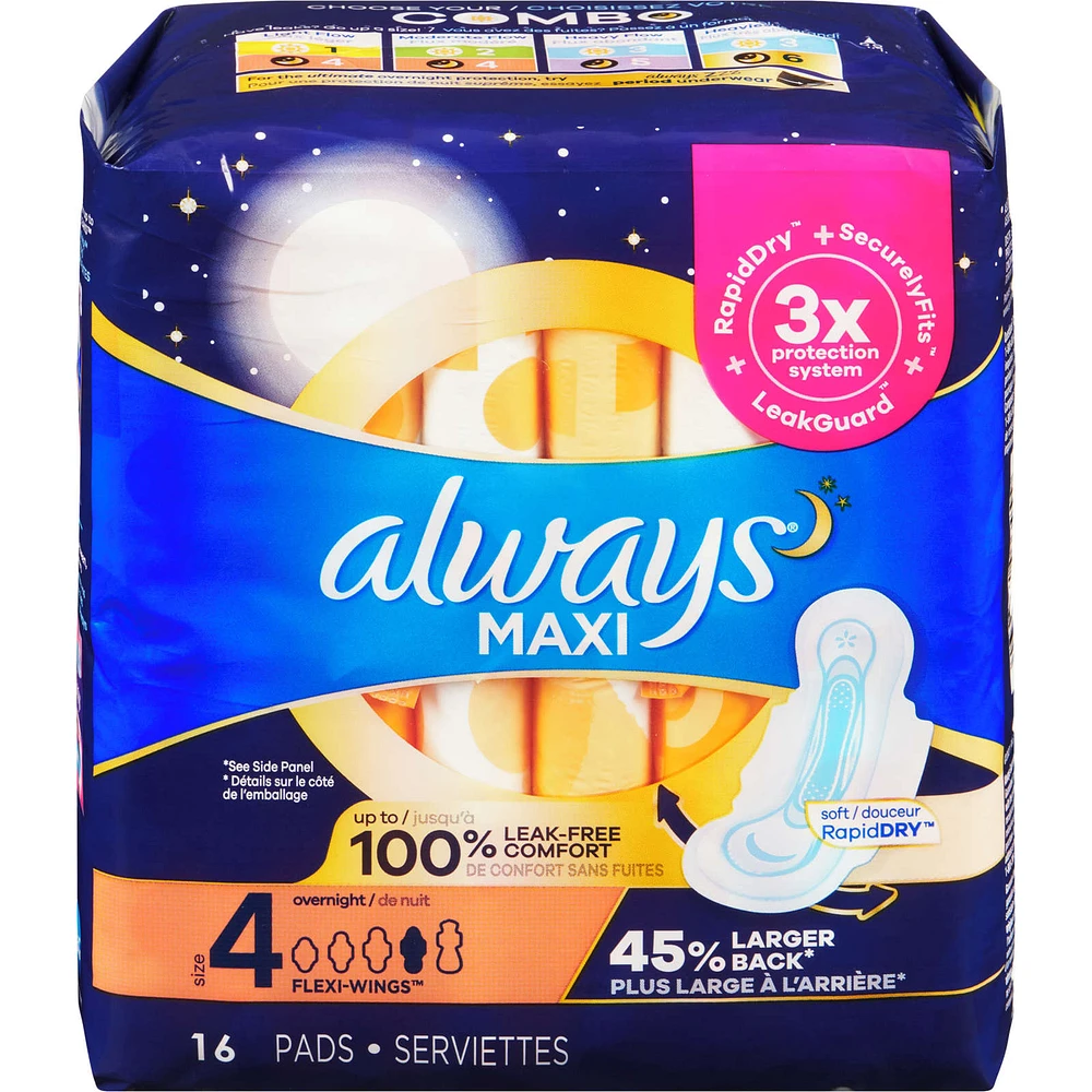 Maxi Overnight Pads with Wings, Size 4, Overnight, Unscented