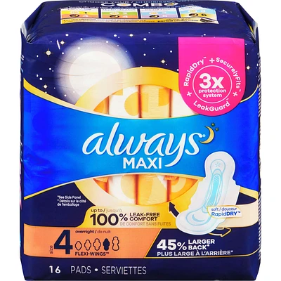 Maxi Overnight Pads with Wings, Size 4, Overnight, Unscented