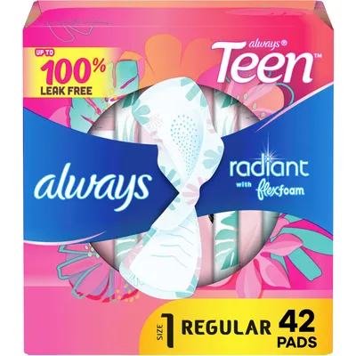 Radiant Teen Feminine Pads with FlexFoam, Size 1, Regular, with Wings, Unscented