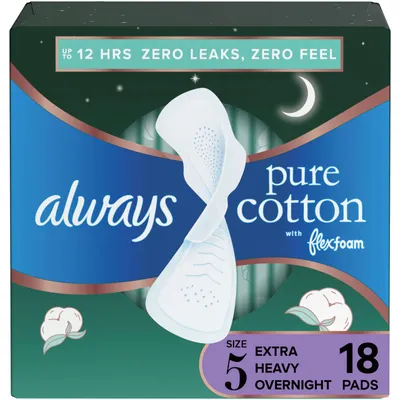 Pure Cotton Feminine Pads for Women, Size 5, Extra Heavy Overnight, with wings, Unscented