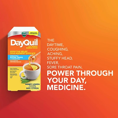 DayQuil Hot Remedy Cold, Flu & Congestion Medicine, Daytime, Non-Drowsy Relief for Fever & Headache, Sore Throat Pain, Nasal Congestion, Cough, Multi-Action, Honey Lemon Flavoured