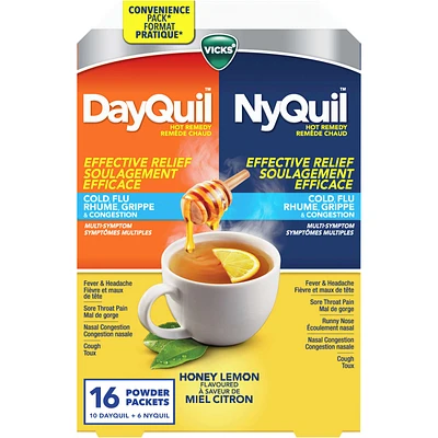 DayQuil and NyQuil Convenience Pack Hot Remedy Cold, Flu & Congestion Medicine, Daytime & Nighttime, Relief for Fever & Headache, Sore Throat Pain, Nasal Congestion, Cough, Multi-Action, Honey Lemon Flavoured