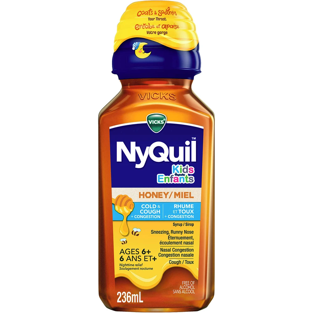 Kids NyQuil Honey Cold & Cough + Congestion Relief for Nighttime Sneezing, Runny Nose, Nasal Congestion & Cough, Flavored with Real Honey, For Children Ages 6+