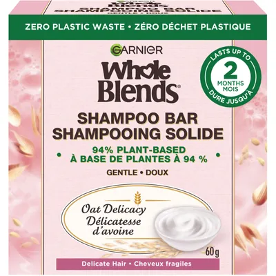 Garnier Whole Blends Oat Delicacy Softening Shampoo Bar for Delicate Hair, Zero Plastic Packaging, Preservative Free, Silicone Free, Soap & Dye Free, with Rice Cream and Oat Milk, 60G