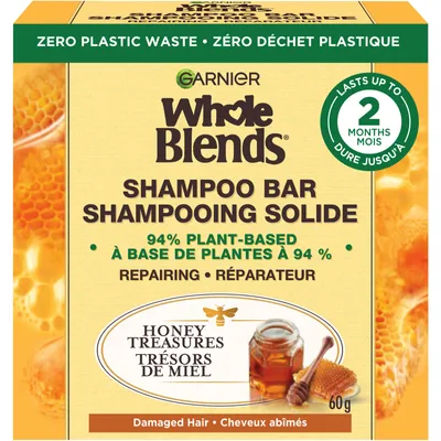 Garnier Whole Blends Honey Treasures Repairing  Shampoo Bar for Damaged Hair, Zero Plastic Packaging, Preservative Free, Silicone Free, Soap & Dye Free, with Honey and Beeswax, 60G